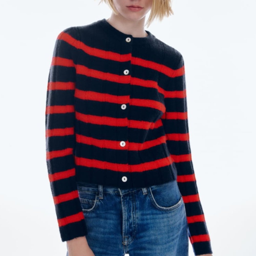 Zara Black and Red Striped Button-Up Cardigan